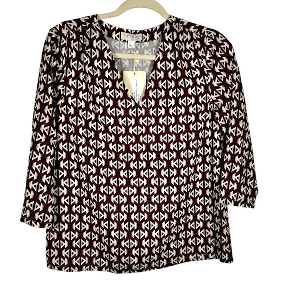 See U Soon Burgundy Cream Abstract Design Pullover Top Small